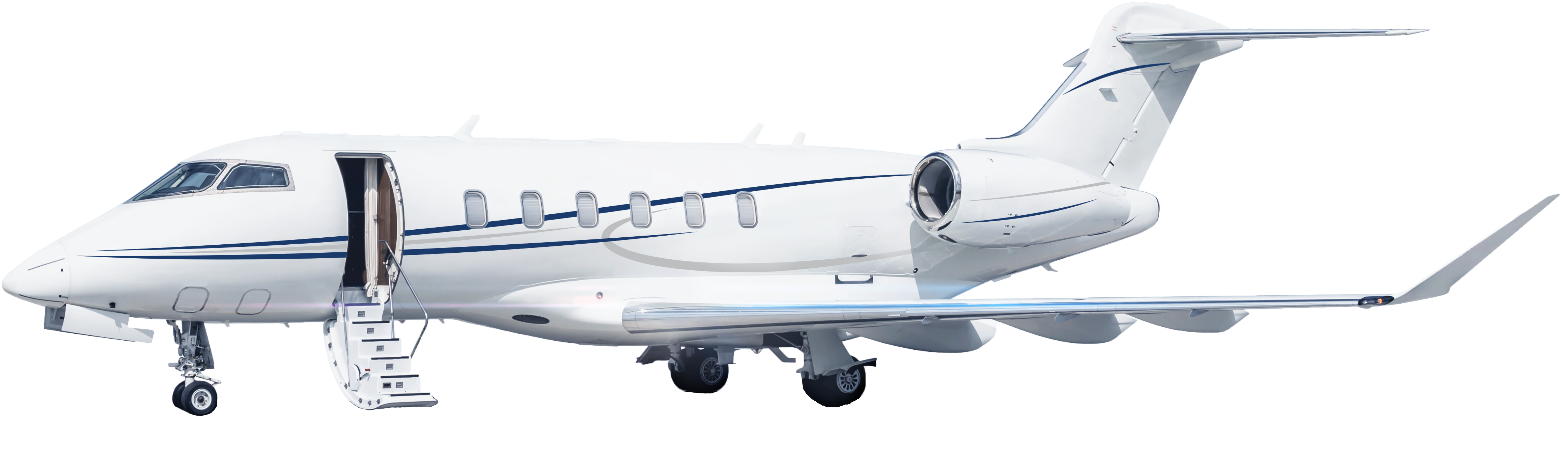 Side profile of a flyExclusive Bombardier Challenger 350 with the airstairs down