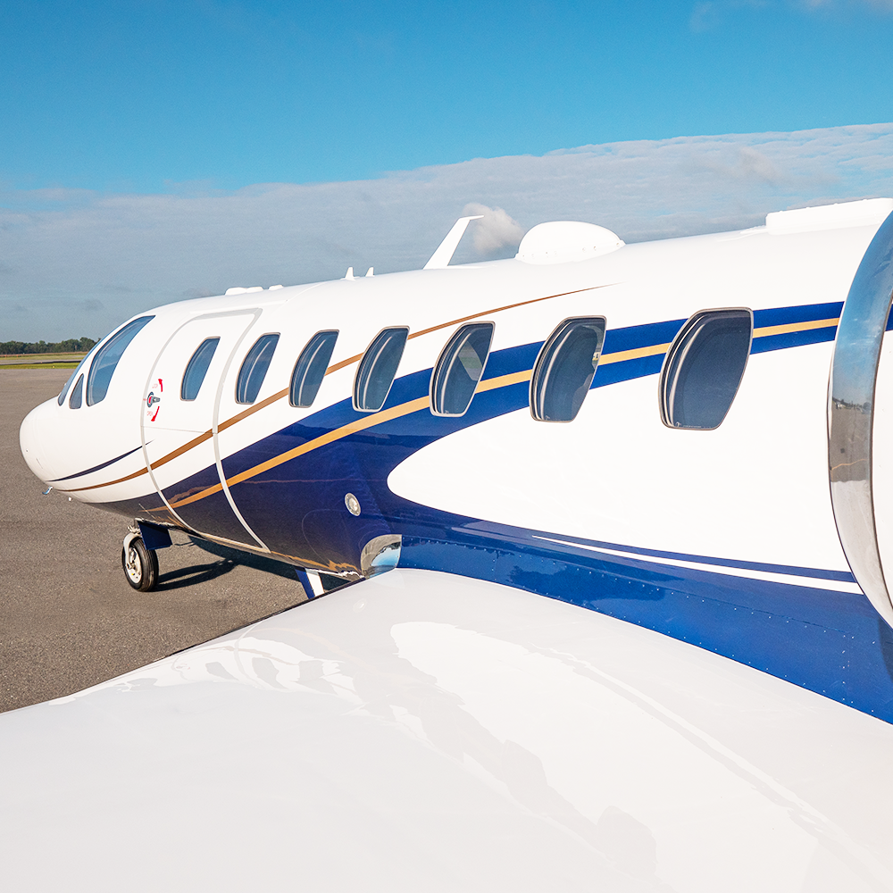 A freshly painted business jet on the ramp