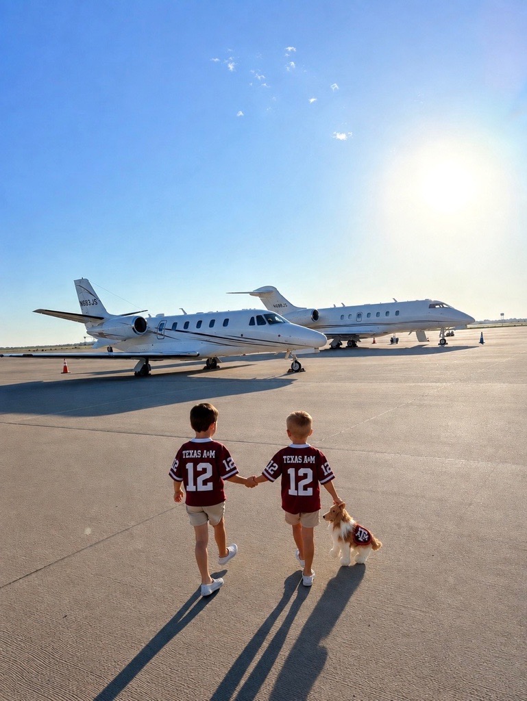 Two children and a dog walking toward flyExclusive jets on the ramp