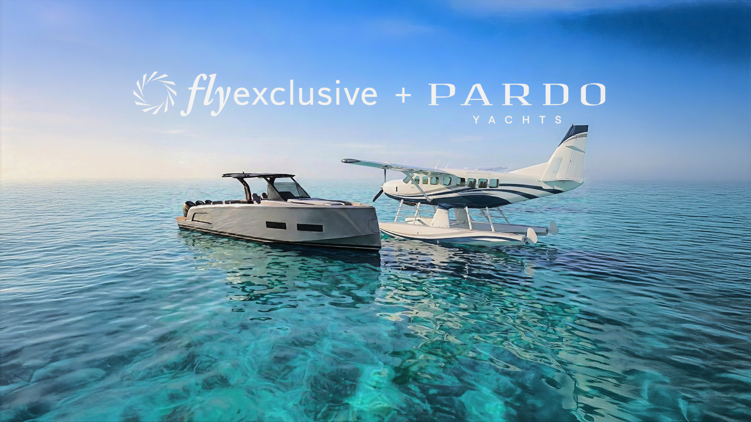 A flyExclusive amphibious Caravan seaplane floating beside a Pardo yacht on clear water
